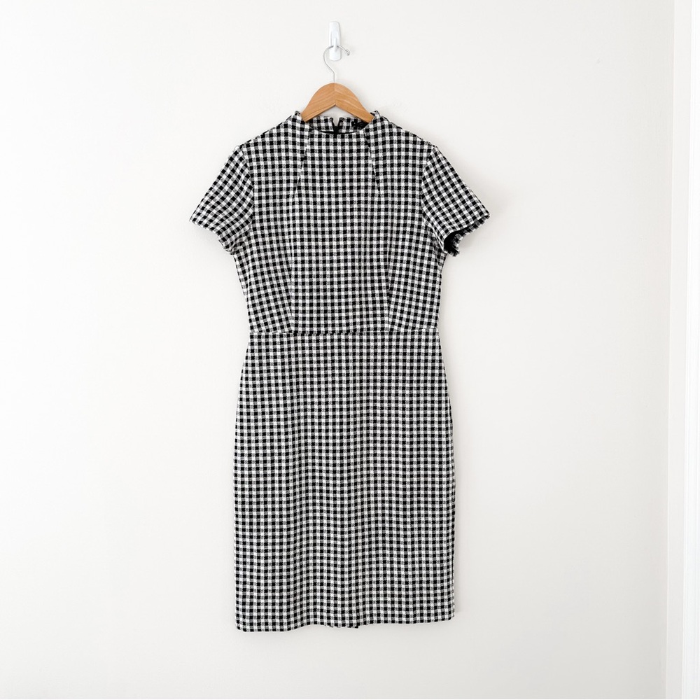 Ann Taylor Black and White Midi Dress with Short Flutter Sleeves and Mock Neck